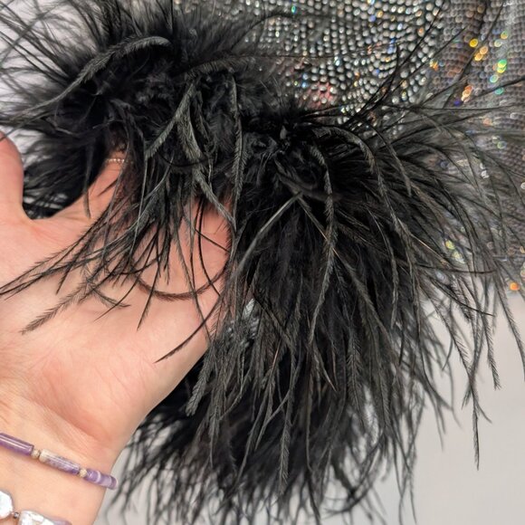 Santa Brands Black Rhinestone Ostrich Feather Mini Dress - Picture 9 of 11